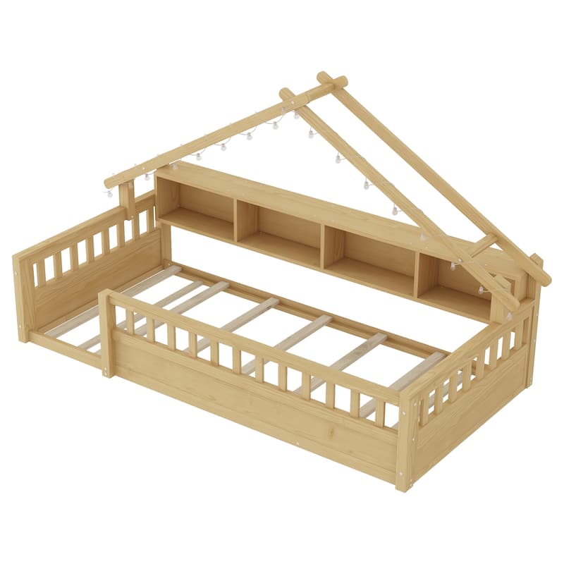 Floor Bed House Bed Frame with Storage Shelf Safety Guardrails