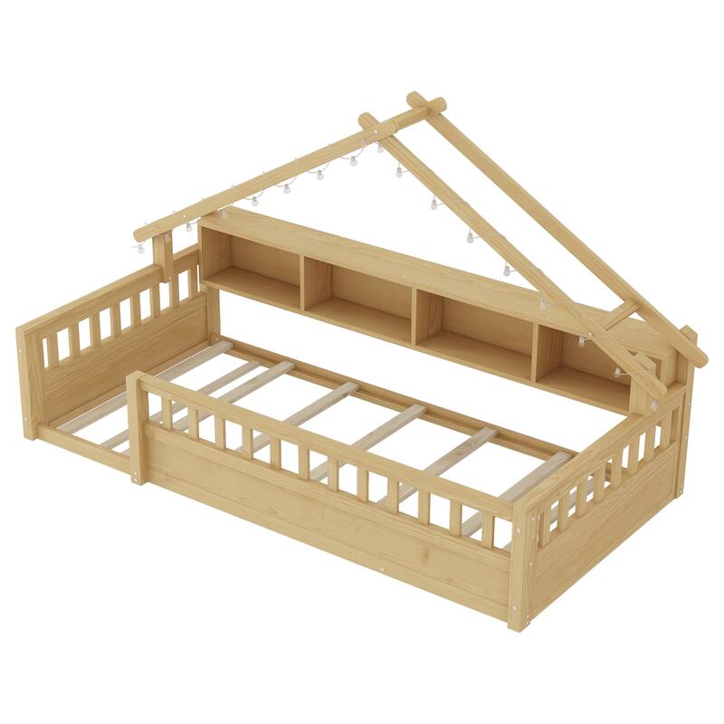 House-shaped Daybed Kids Wood House Bed Montessori Toddler Floor Bed with Roof Shape Storage Bookshelves and Light