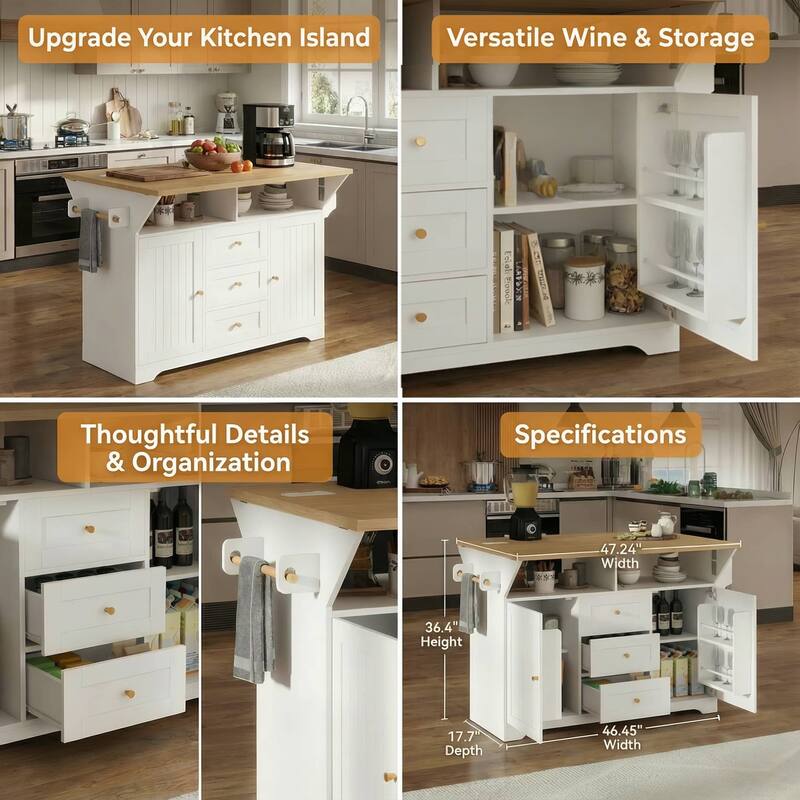 Rossetta Classic Versatile Design Folding Rolling Kitchen Island with Extendable Countertop and Power Outlet