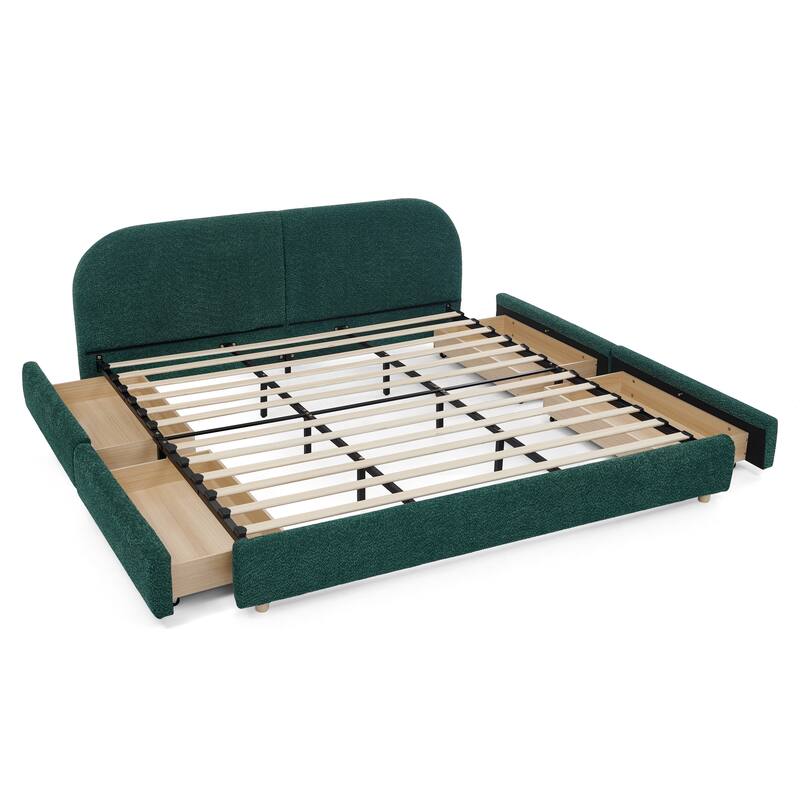 Fabric Upholstered Platform Bed Frame with Curved Headboard/4 Built-in Wheeled Storage Drawers/Sturdy Legs Support/Easy Assembly
