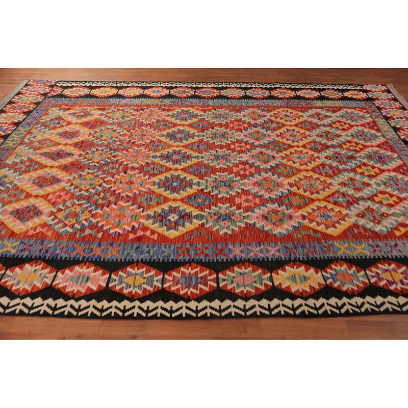 Geometric Kilim Reversible Area Rug Flatweave Oriental Wool Carpet - 8'2"x 11'5"