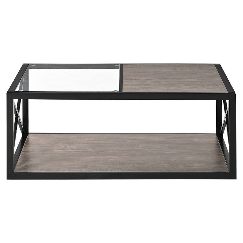 Modern Coffee Table For,Tempered Glass&Natural Wood Mdf Top,Industrial Style Coffee Table