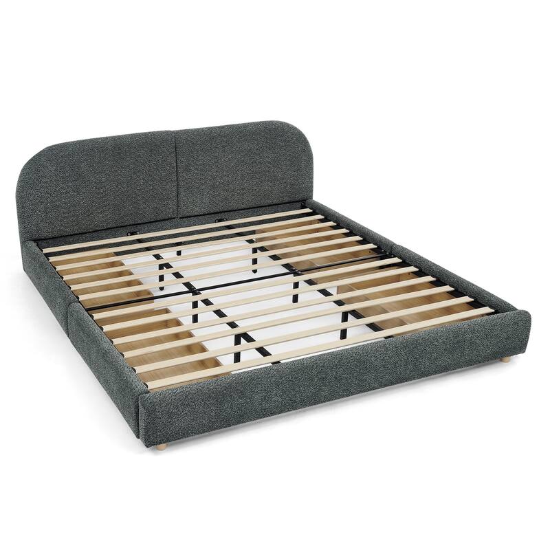 King Size Upholstered Bed Frame Modern Minimalist Style - Circle Yarn Fabric, Tall Curved Headboard