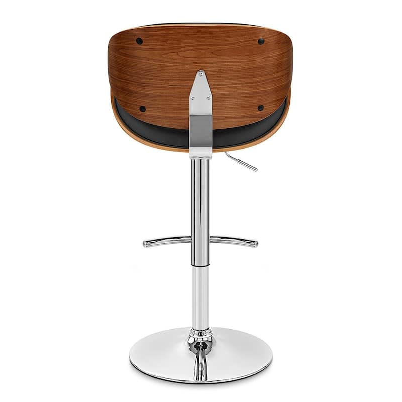Black Faux Leather Adjustable Height Swivel Bar Chair with Chrome and Wood Pedestal - 20” x 21” x 41” (D x W x H)