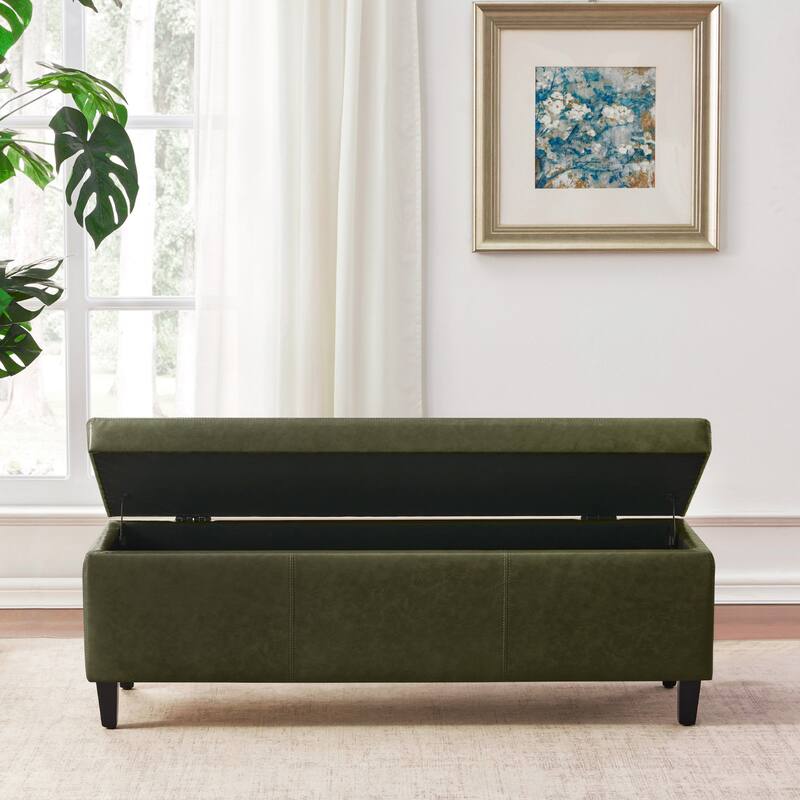 50.3" x 17.50" x 18" Upholstered Rectangular Storage Ottoman-Faux Leather - Green