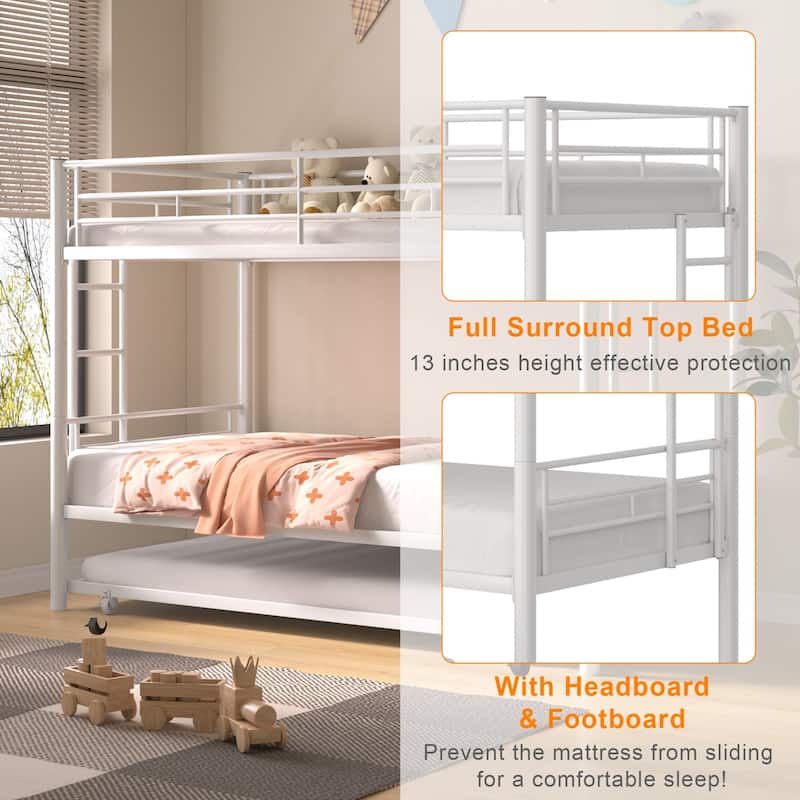Twin Over Twin Bunk Bed with Trundle, Detachable Twin Bunk Beds w/ 2 Side Ladders & Full-Length Guardrails