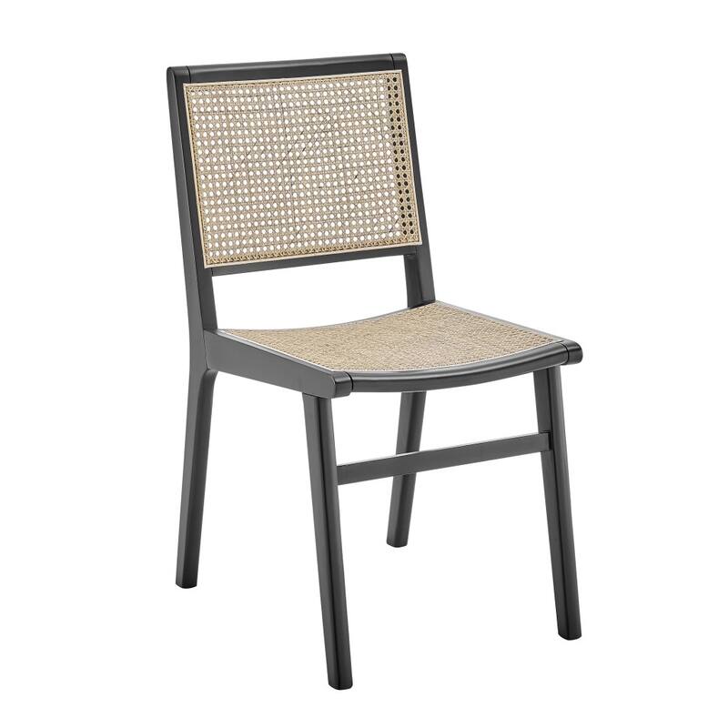 HomeRoots Natural and Black Solid Wood and Cane Partially Open Back Dining Side Chair - 18.00 in. x 35.00 in. x 23.50 in.