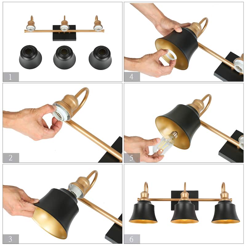 Modern Black Metal 3-light Bathroom Vanity Lights Wall Lamp LED for Powder Room - L22.8" x W7.4" x H9.1"