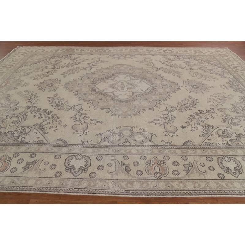 Hand Knotted Oriental 100% Wool Carpet Traditional Floral Beige & Ivories Tabriz Area Rug - 12' 4'' X 9' 10''