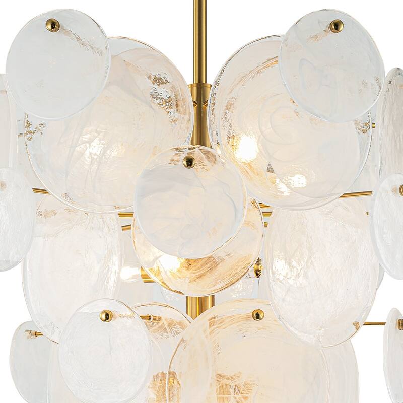 12-Light Tiered Cloud Glass Discs Cone-shaped Chandelier - Burnished Brass - 30.7in