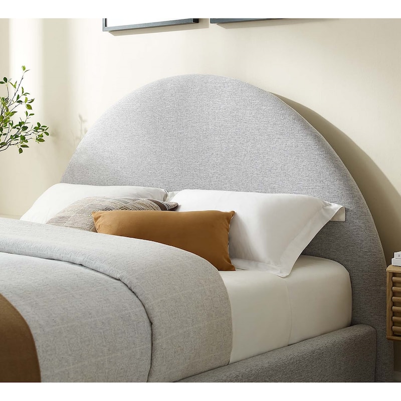 Palmetto Modern Round Headboard Light Grey Fabric Upholstered Queen Size Platform Bed