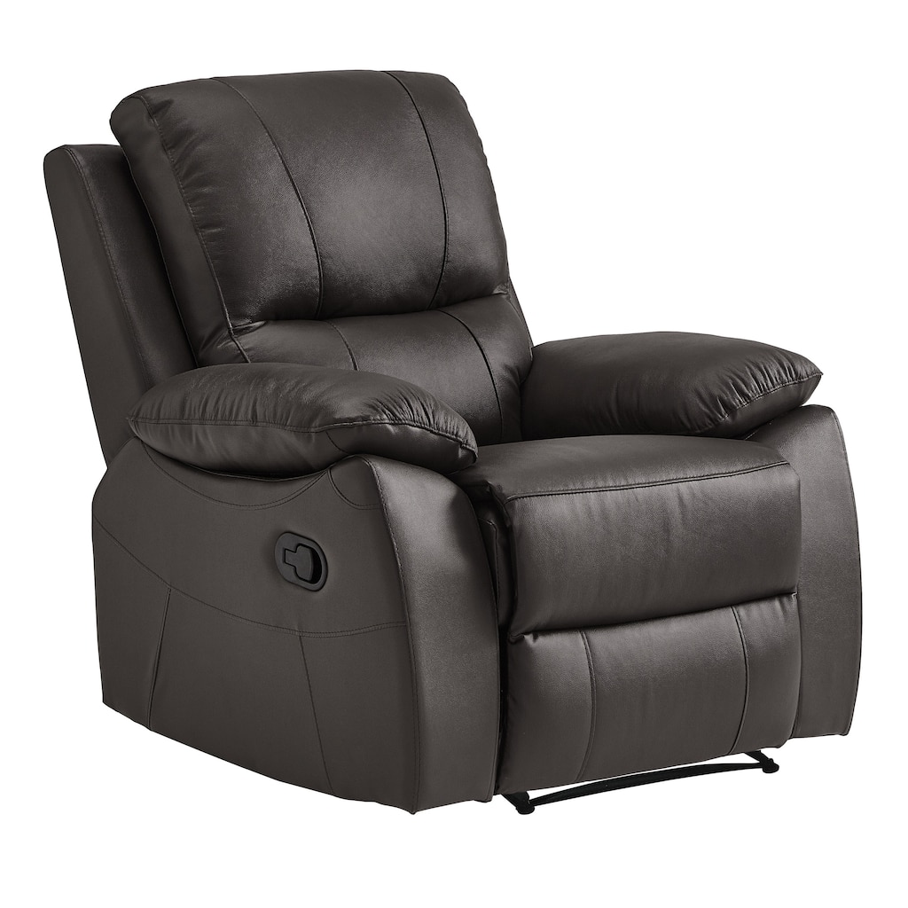 Drake 39 Inch Manual Recliner Chair, Soft Brown Faux Leather, Solid Wood