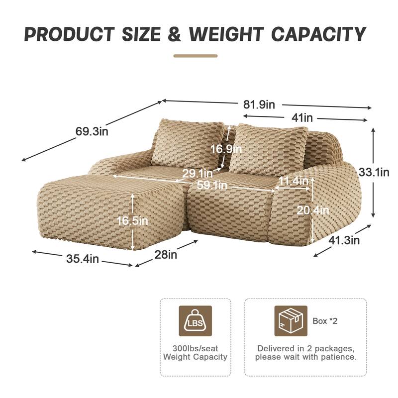 82" Modern L-Shaped Modular Sectional Sofa, Flannelette Fabric Oversized 2-Seater with Movable Ottoman & No-Assembly Design