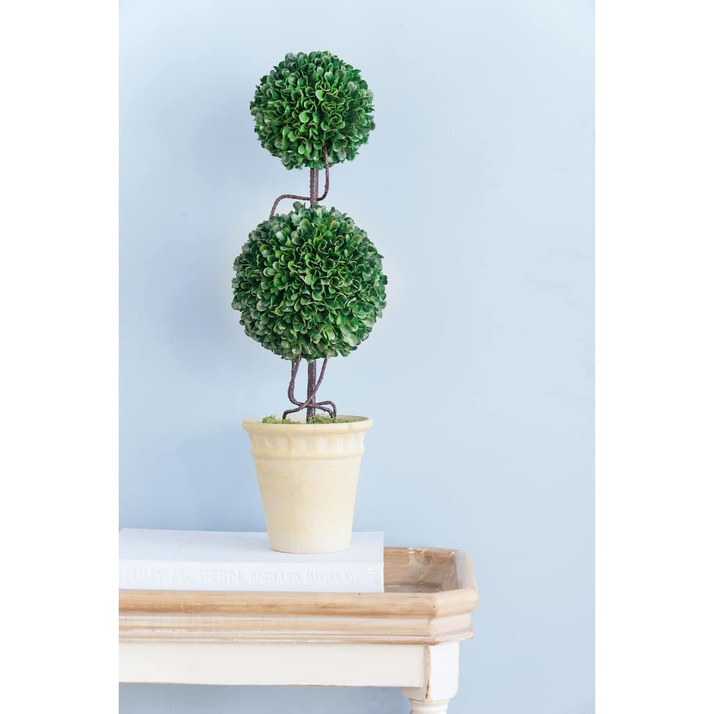 Two-Tiered Faux Boxwood Sphere Topiary in Cream Pot