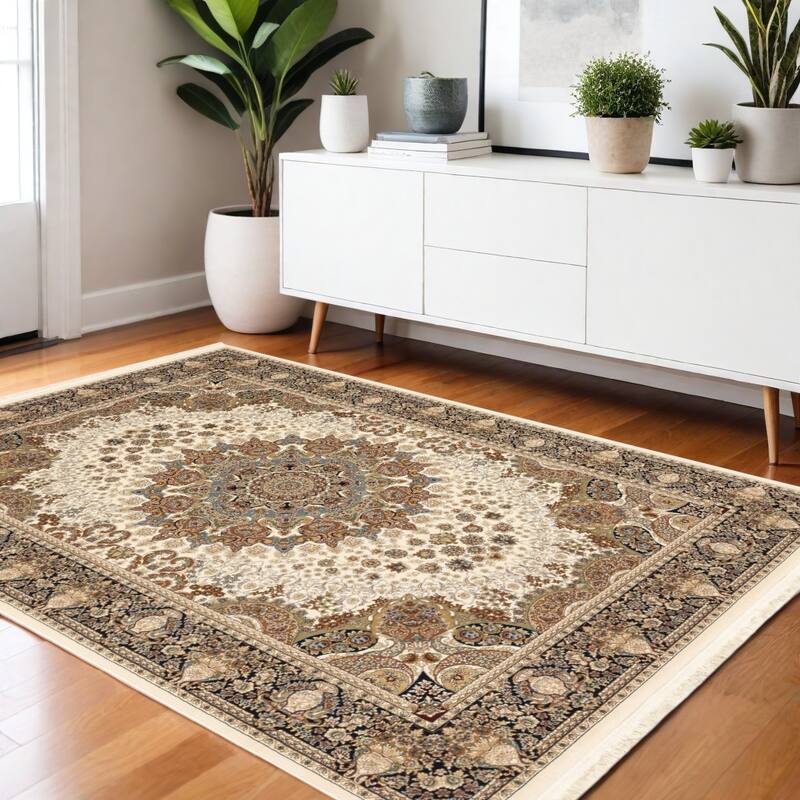 HomeRootsMedallion Traditional Rectangle Area Rug - 64.96' X '46.06' X '0.16 - Tan/Black/Ivory