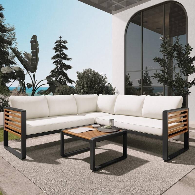 4-Piece L-Shaped Outdoor Patio Sectional Sofa Set with Metal and Wood Frame and Soft Cushions for Comfortable Seating - Black/Beige