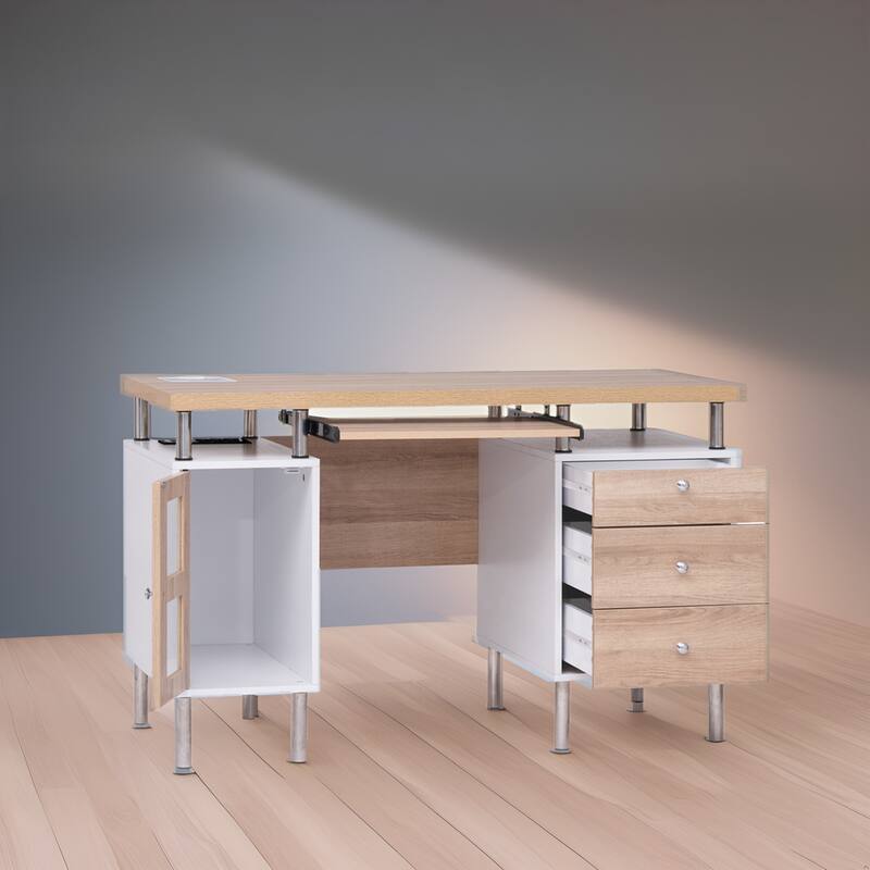 3-Drawer Filing Cabinet, Two-Tone Office Desk Power Outlets & USB Ports – Includes 3 Drawers and 1 Storage Cabinet