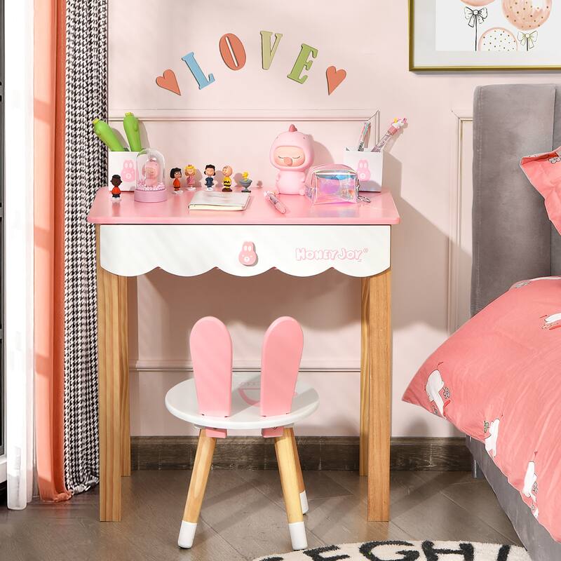 Costway Kids Vanity Set Rabbit Makeup Dressing Table Chair Set W/ - See Details