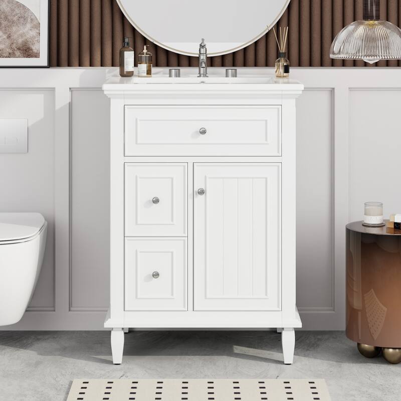 Roomfitters 24" Bathroom Vanity with Sink, Solid Wood Frame, Flip Drawer, 2 Side Drawers & Adjustable Shelf - White