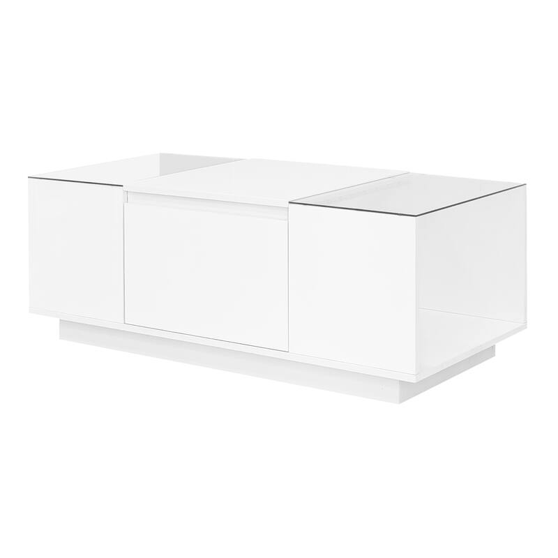 LED Coffee Table with 2 Drawers, Rectangle High Gloss Center Table, Modern Glass Tabletop Storage Table for Living Room