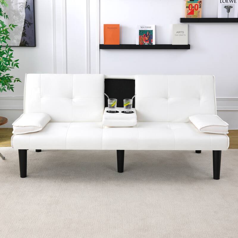 Convertible Loveseat Couch Adjustable Faux Leather Sleeper Sofa Bed with Coffee Table, Cup Holders and Removable Pillow Armrests