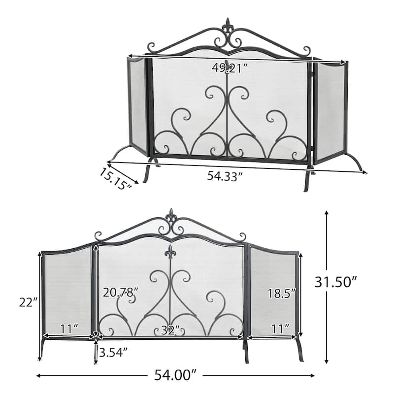 Roomfitters Onyx 3-Panel Iron Fireplace Screen with Fleur-de-Lis Scrollwork, Black Finish