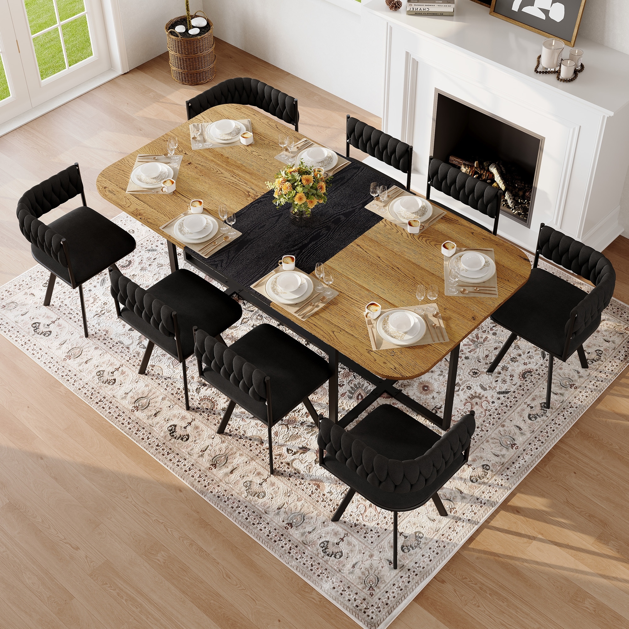 Dining Table Set with 8 Black Velvet Dining Chairs