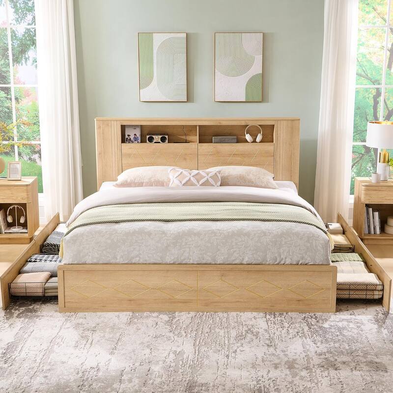 Modern Queen Size Wood Bed Frame with Charging Station and LED Lights