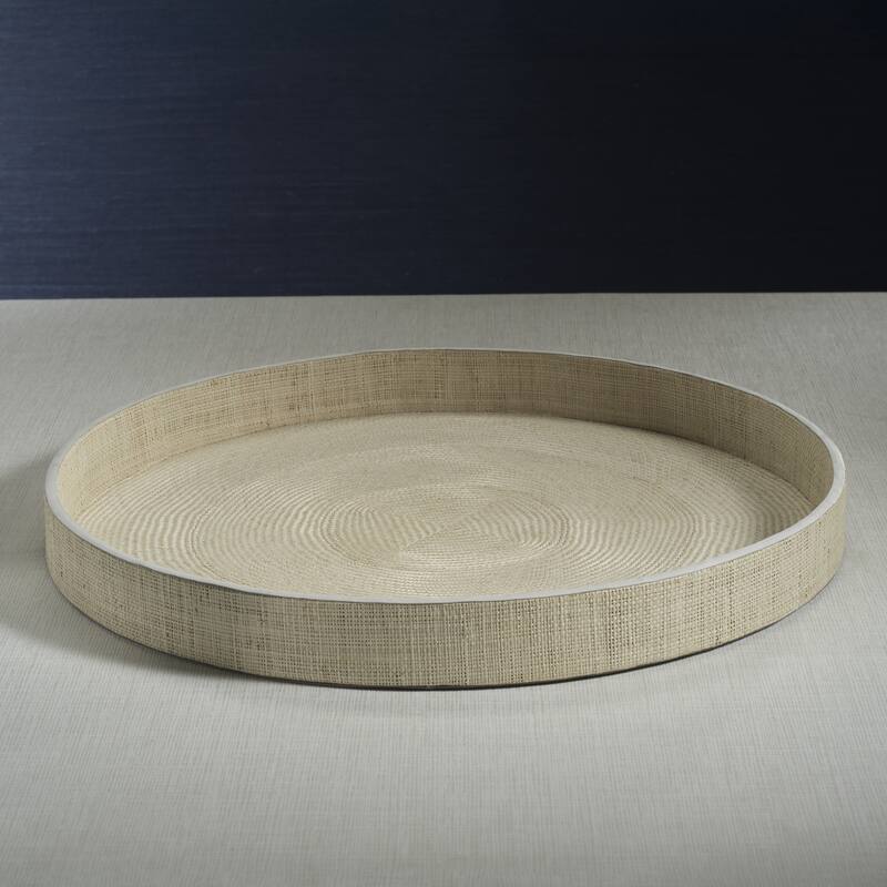 Reggio Naturale Fiber Raffia Round Serving Tray with Leather Trim