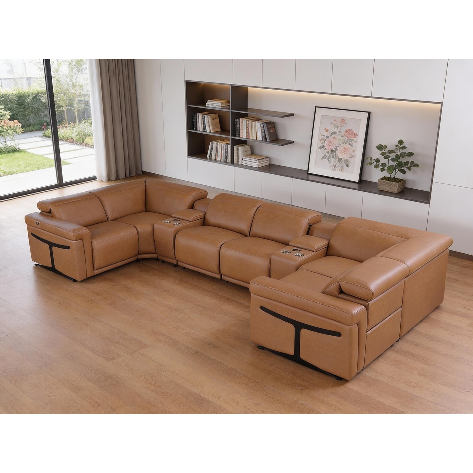 HomeRoots Chestnut Italian Leather Power Reclining U Shaped Eight Piece Corner Sectional With Console