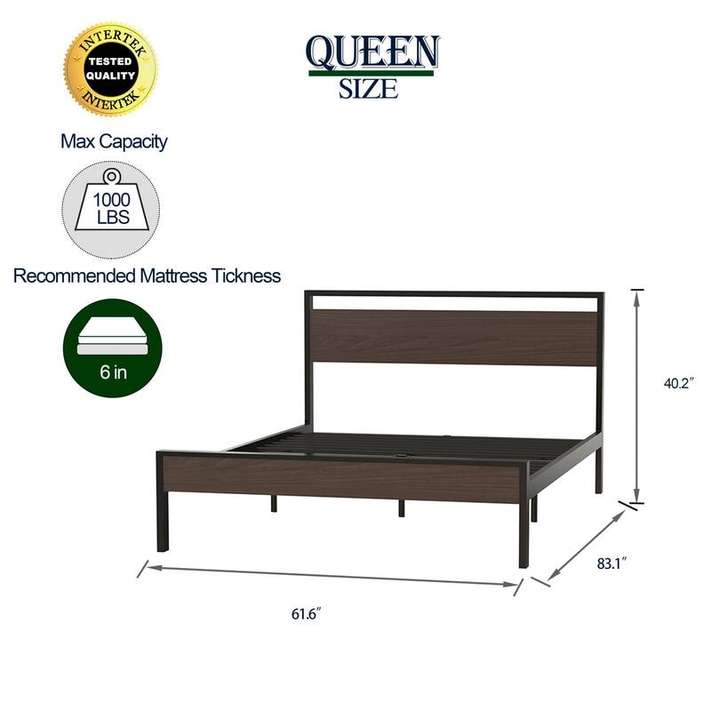 Queen Metal Bed with Walnut Wood Headboard & Footboard, Black