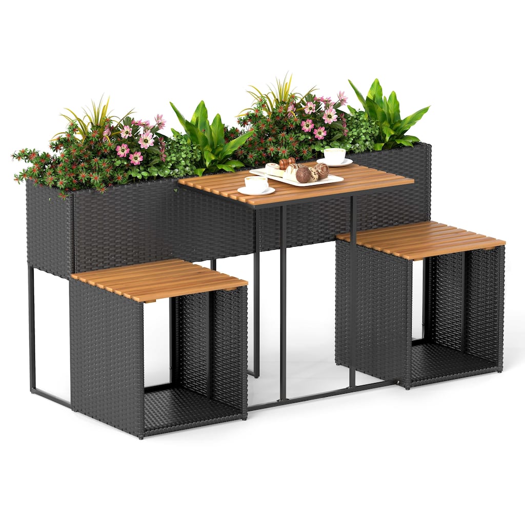 3-in-1 Raised Garden Bed Table Set with Chairs and Storage Rattan Patio Furniture Set - 59" × 27.5" × 29"