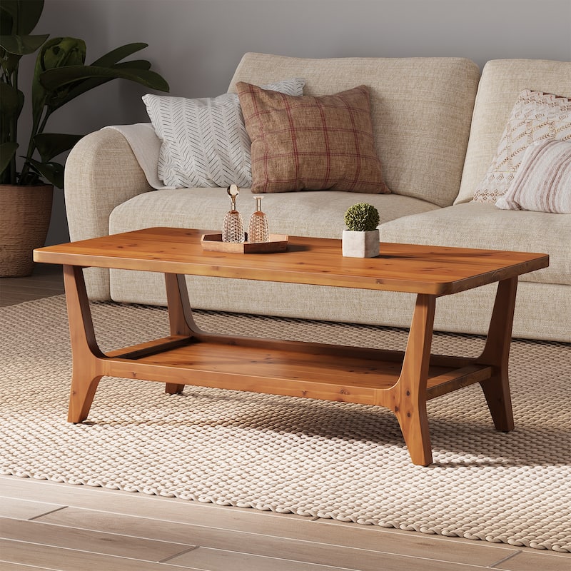 47'' Solid Wood Coffee Table with Open Storage Shelf, Mid-Century Rectangle Center Table
