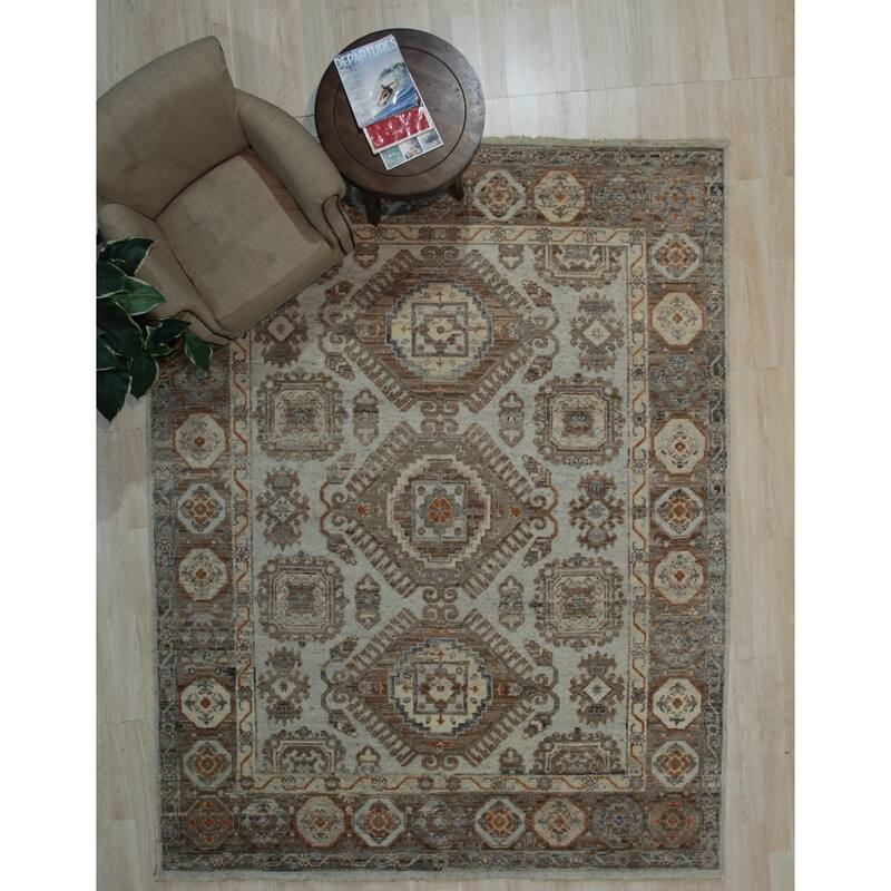 Ivory Beige Hand Knotted Wool Traditional Rug 9' x 12' - Ornamental Medallion 0.5" Pile Stain Resistant - N/A