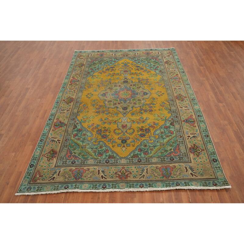 Hand Knotted Oriental 100% Wool Carpet Traditional Floral Yellow & Gold Tabriz Area Rug - 9' 10'' X 6' 7''