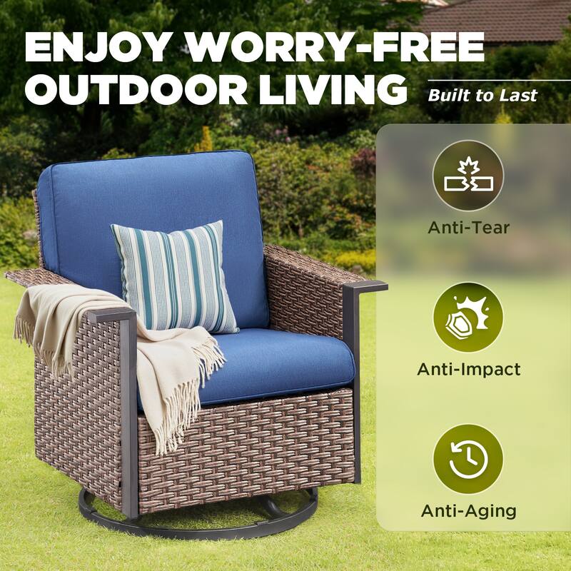 Pocassy Outdoor Wicker 5-Piece Swivel Chair Table with Ottoman