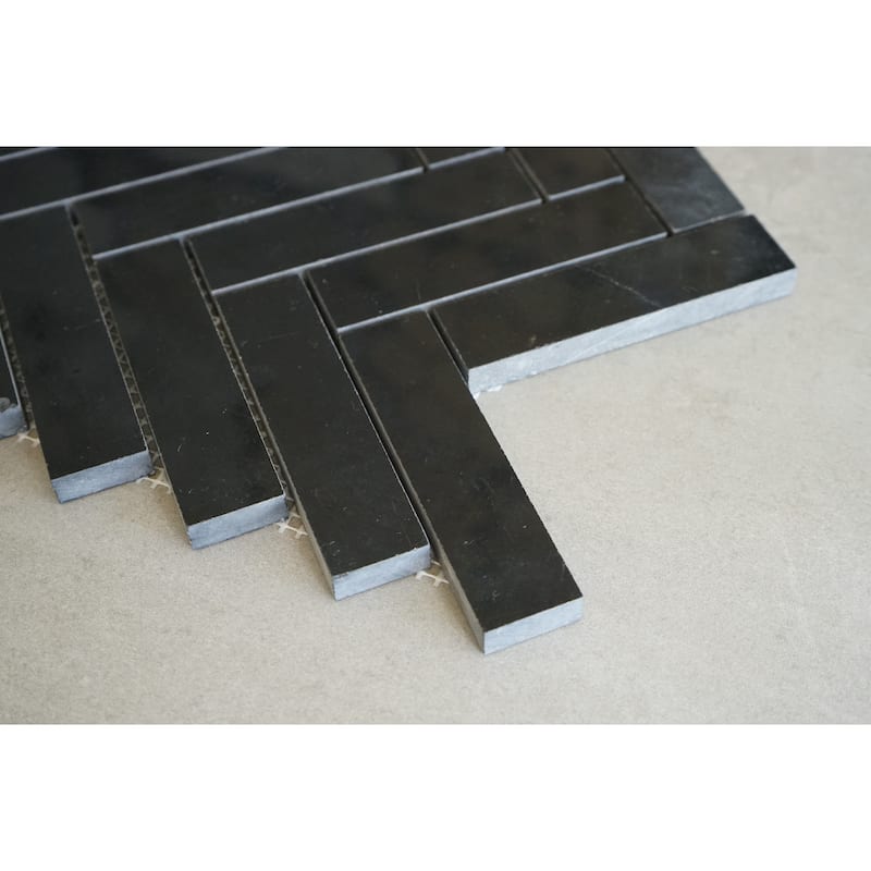Nero marquina 1 x 4 Marble Harringbone Wall and Floor Mosaic - Case (10 Sheets)