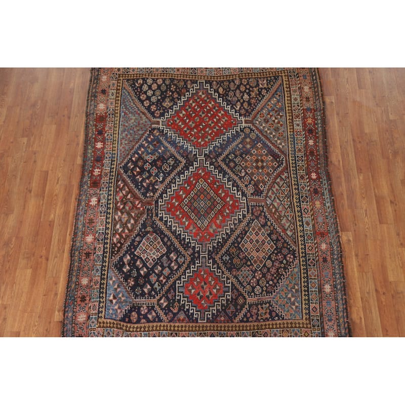 Pre-1900 Antique Blue Qashqai Persian Area Rug Handmade Wool Carpet - 5'1"x 7'8"