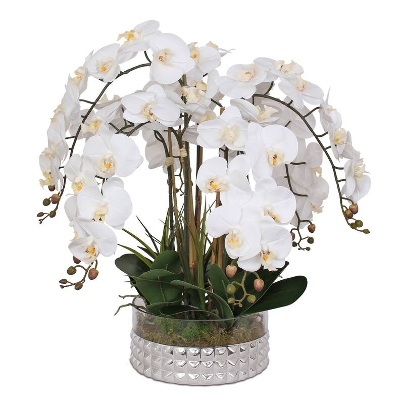 Real Touch White Orchid Flower Arrangement in Round Silver Glass Bowl - 24W x 24D x 20H