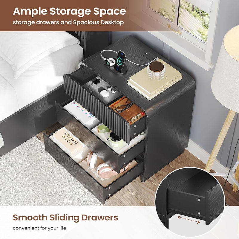 Fluted Nightstand with Charging Station 3 Drawers Dresser End Table
