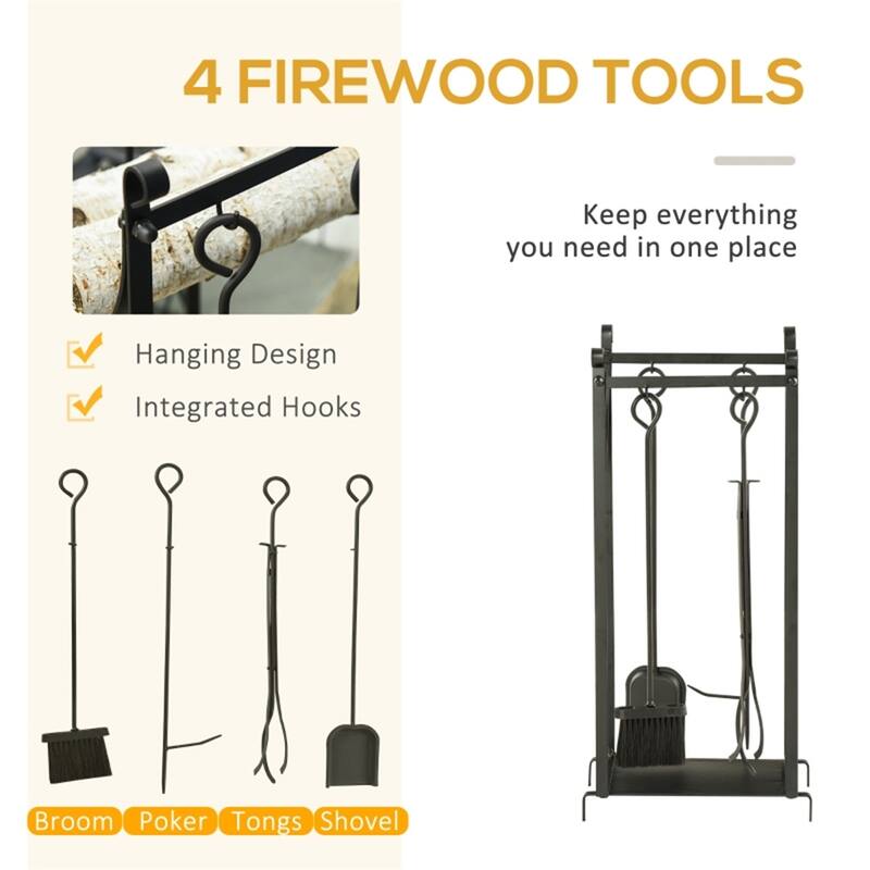 Black Steel Firewood Rack with Tools and Tall Multi-Tier Storage - 14.5" L x 13.75" W x 30.25" H