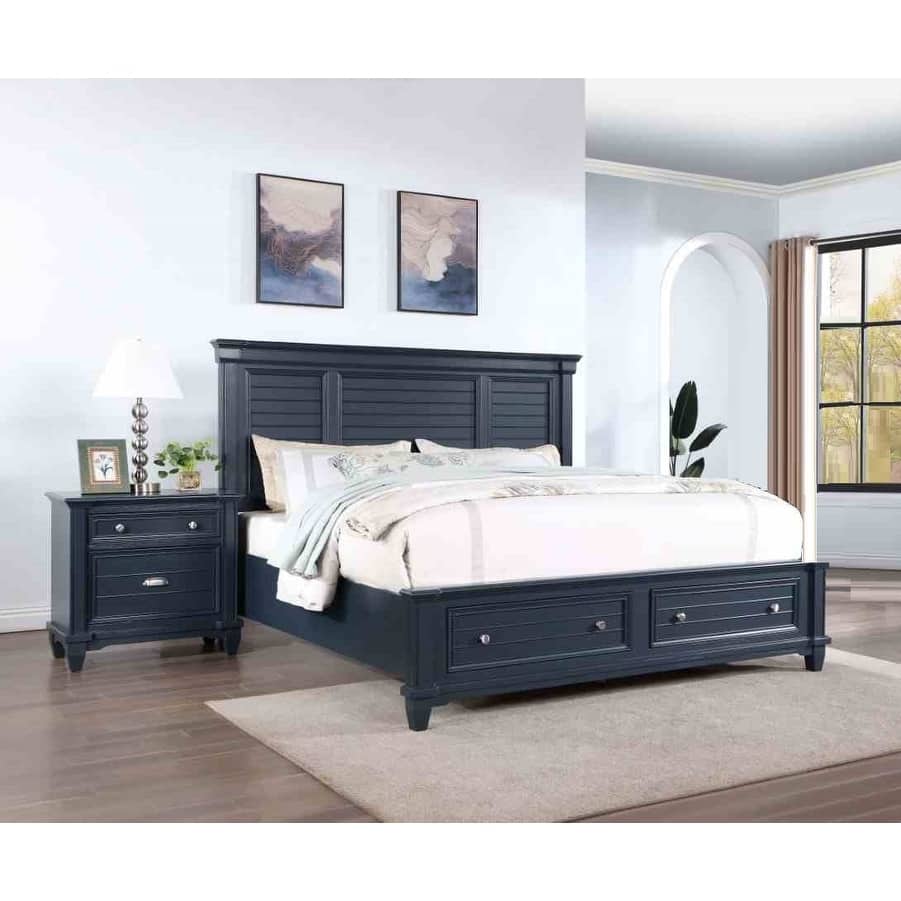 Blue Finish Storage Bed Two Nightstands 3pc Transitional Bedroom Set
