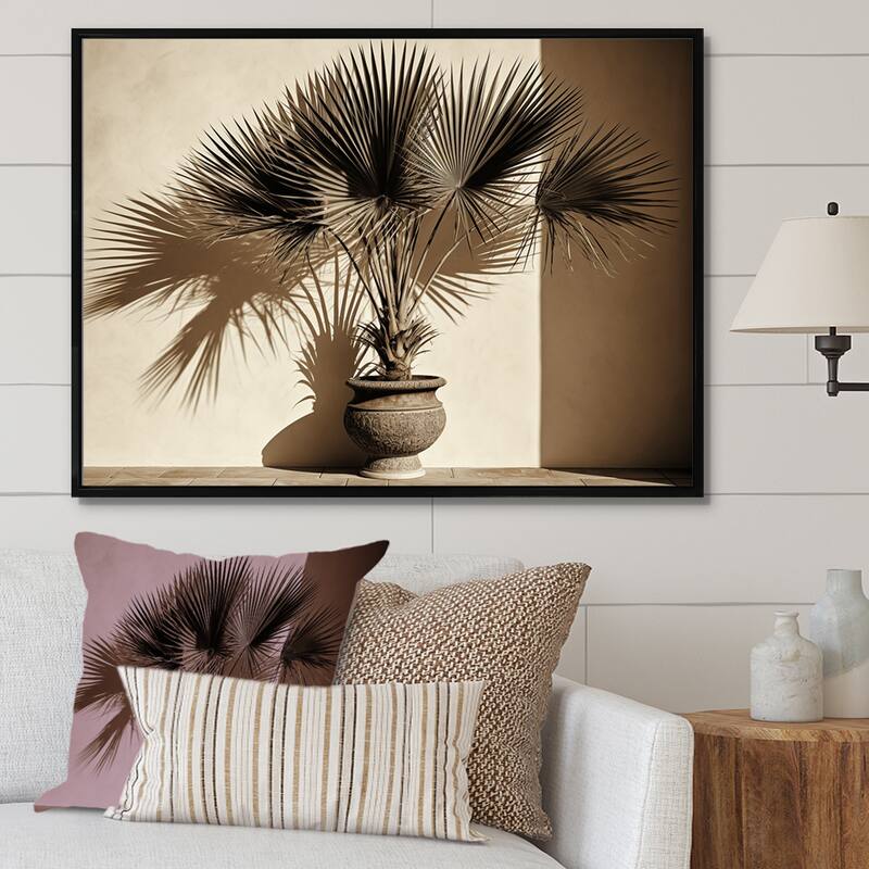 Designart "Beige Palms Palm Trees Bouquet Still Life " Palms & Palm Trees Framed Wall Decor - 44 in. wide x 34 in. high - Black