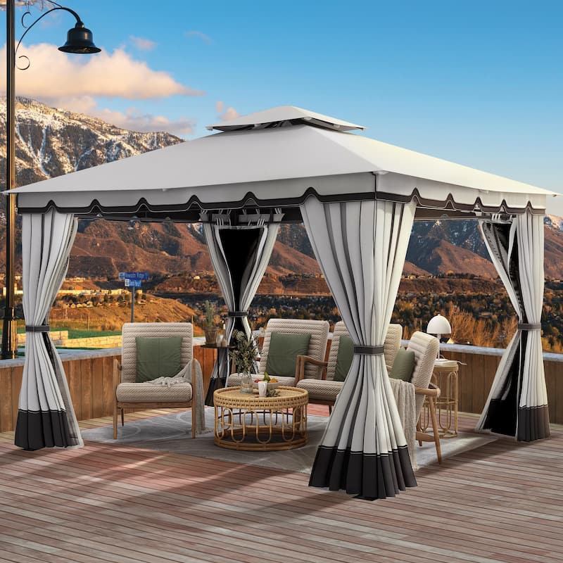 Outdoor 10x10/12Ft Patio Gazebo Canopy with Soft Roof Netting Curtains