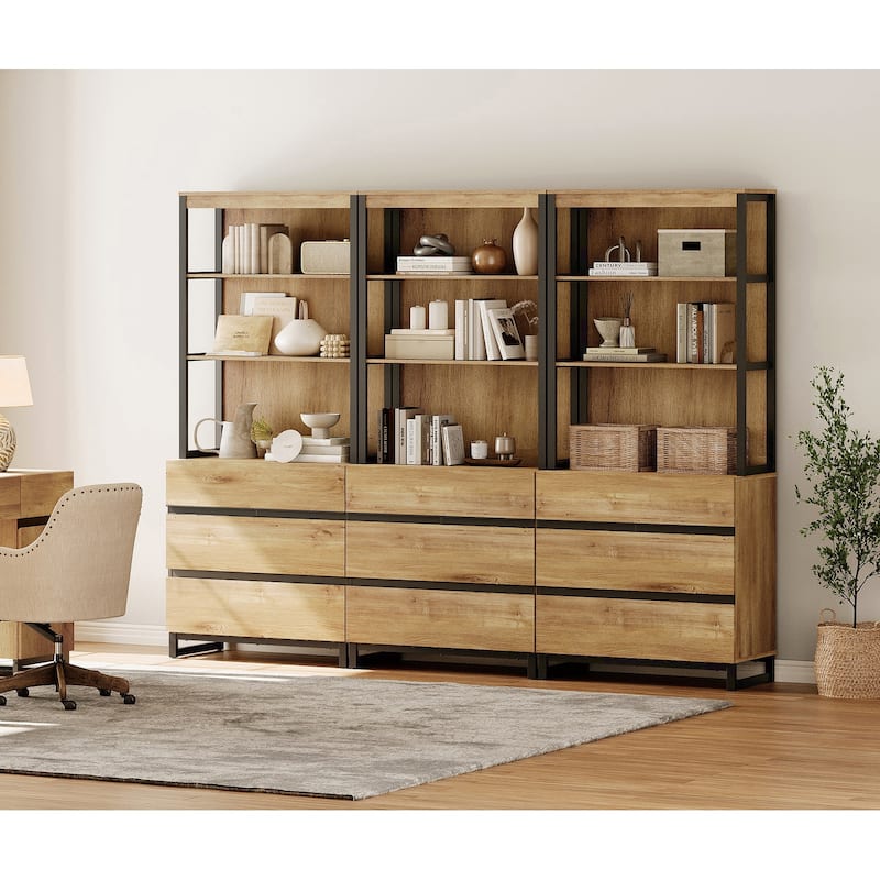 WAMPAT Modern 72" Tall Bookcase with Drawers and Open Book Shelfs, Library Book Shelf for Home Office, Living Room