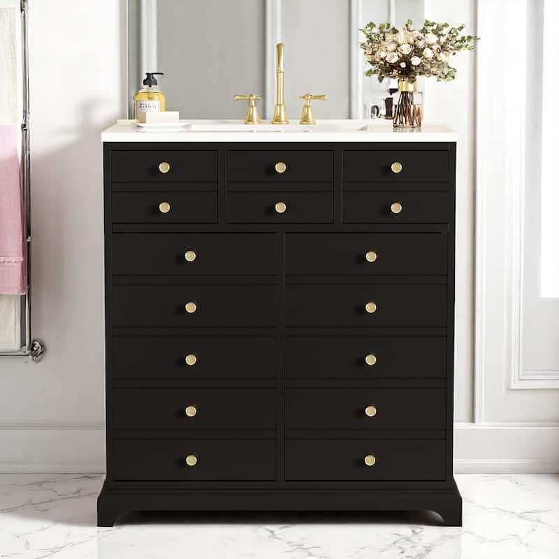 30 Inch Freestanding Bathroom Vanity with Ceramic Basin, MDF Cabinet, 2 Drawers, and 2 Soft-Close Doors - Black