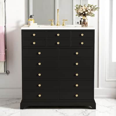 30 Inch Freestanding Bathroom Vanity with Ceramic Basin, MDF Cabinet, 2 Drawers, and 2 Soft-Close Doors