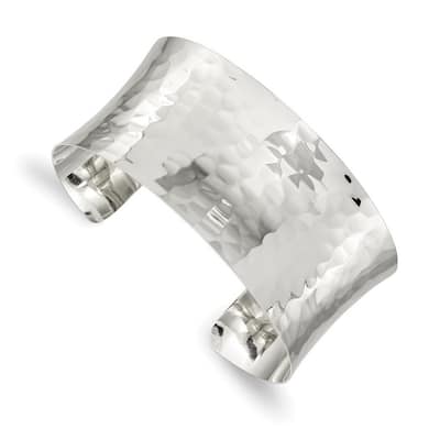 Curata 925 Sterling Silver 30mm Solid Concave Hammered Adjustable Cuff Bangle Bracelet