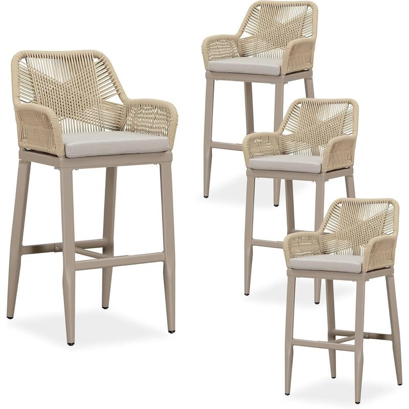 PURPLE LEAF Outdoor Counter Height Bar Stools Set of 4 Patio Aluminum Barstools with Back and Cushions - Cream-Bar Height