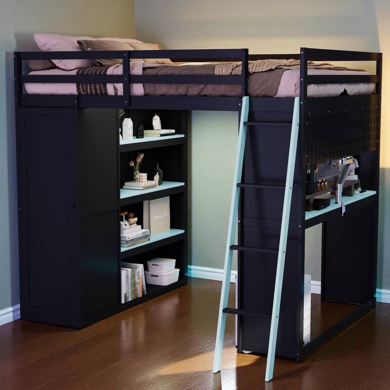 Full Size Loft Bed with Wardrobe, Desk, Shelves, Blackout Curtains & RGB Lights, Workstation with USB Port